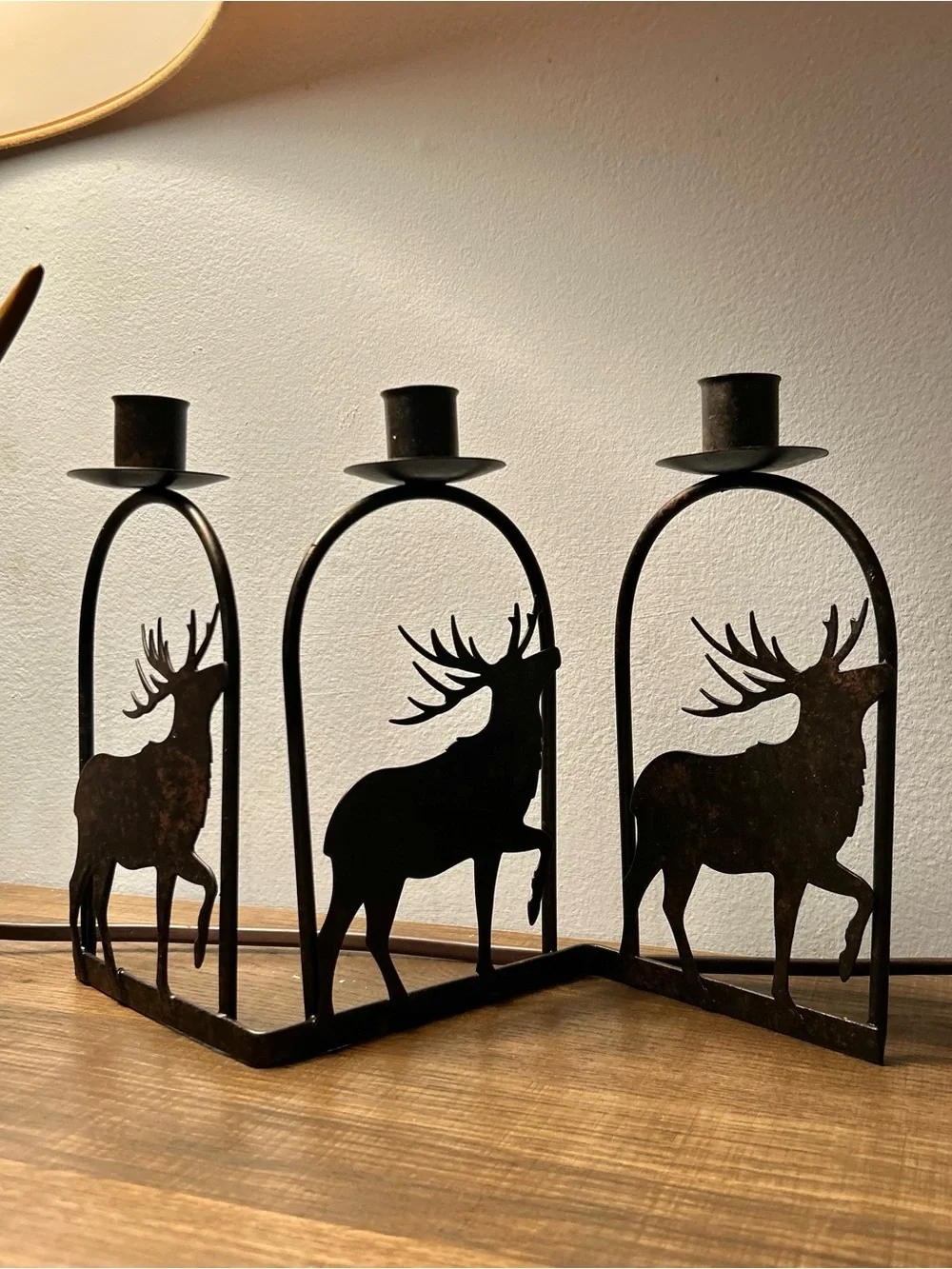 Festive Rustic Metal Cabin Buck Deer Triple Candlestick Holder